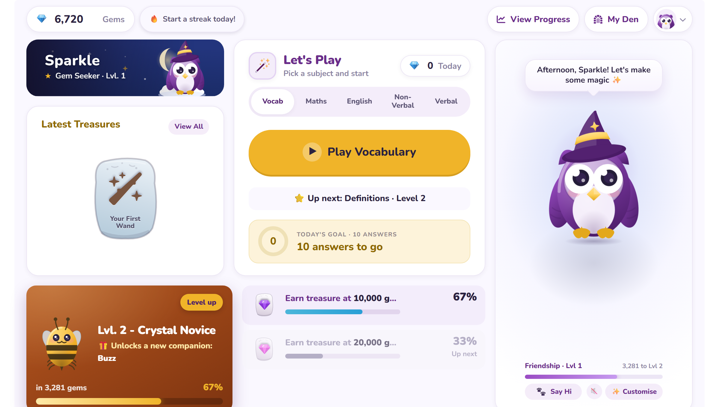 The Revision Wizard home screen: a subject picker with all five subjects, the next area to practise, a daily goal, collected treasures and the child's companion